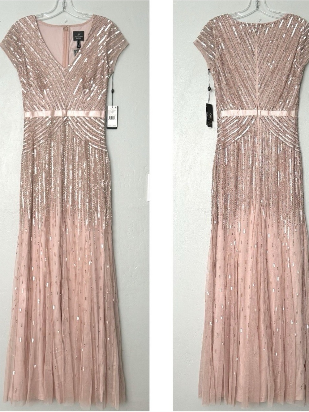Adrianna Papell Rose Blush Sequin Cap-Sleeve Maxi Gown